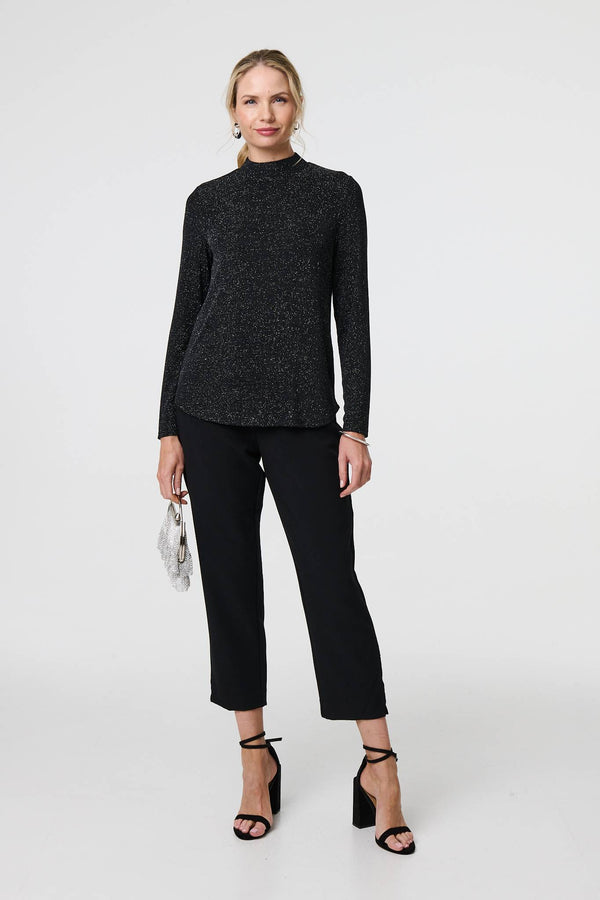 Black | Sparkle Knit Long Sleeve High Neck Top
