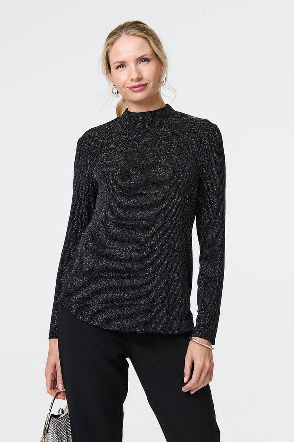 Black | Sparkle Knit Long Sleeve High Neck Top
