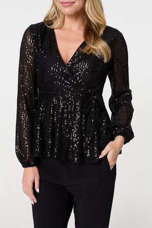 Black | Sequin Embellished Long Sleeve Peplum Top
