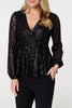 Black | Sequin Embellished Long Sleeve Peplum Top
