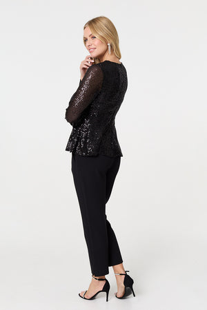 Black | Sequin Embellished Long Sleeve Peplum Top
