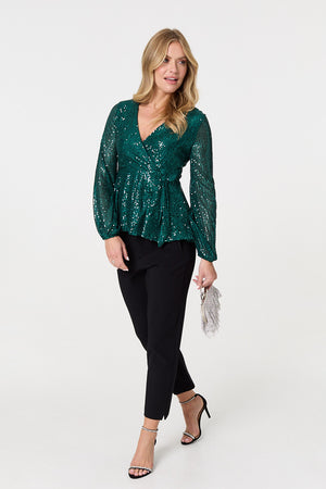 Green | Sequin Embellished Long Sleeve Peplum Top
