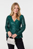 Green | Sequin Embellished Long Sleeve Peplum Top
