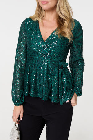 Green | Sequin Embellished Long Sleeve Peplum Top
