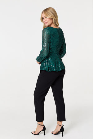 Green | Sequin Embellished Long Sleeve Peplum Top
