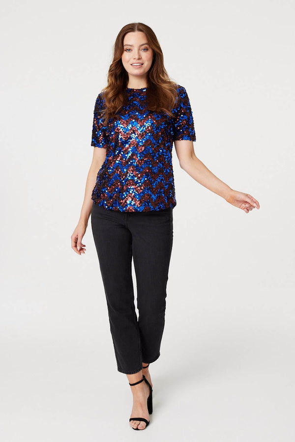 Navy | Sequin Short Sleeve Fitted Top