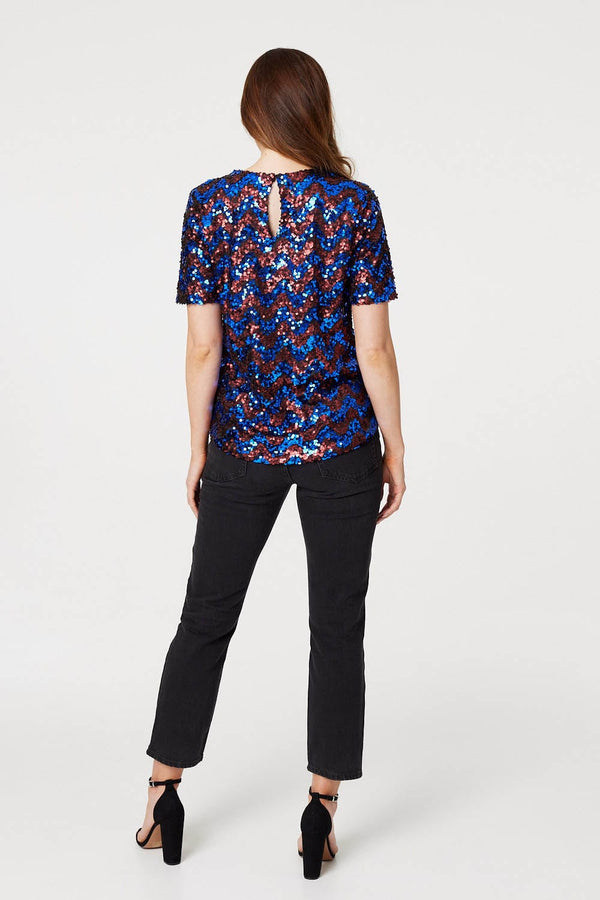 Navy | Sequin Short Sleeve Fitted Top