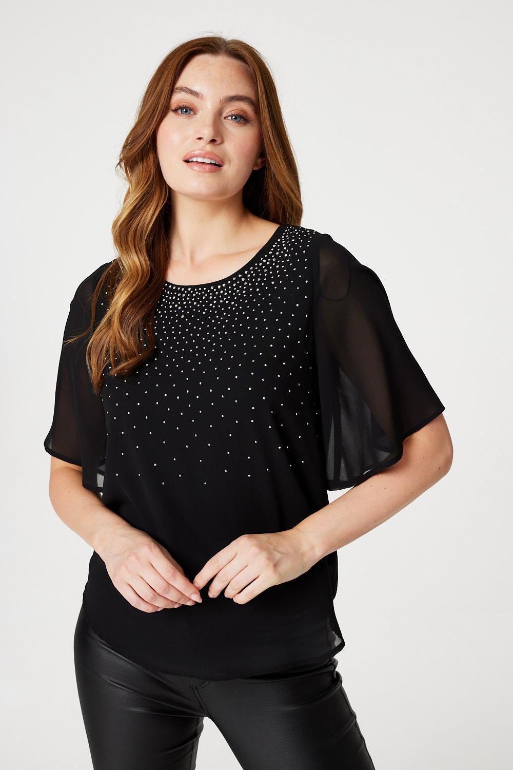 Black | Embellished Sheer Sleeve Blouse