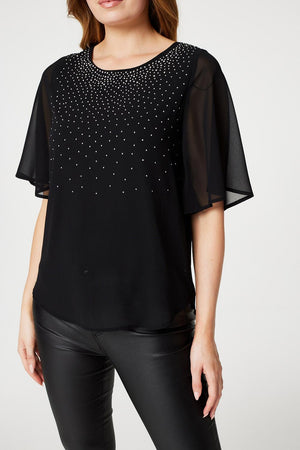 Black | Embellished Sheer Sleeve Blouse