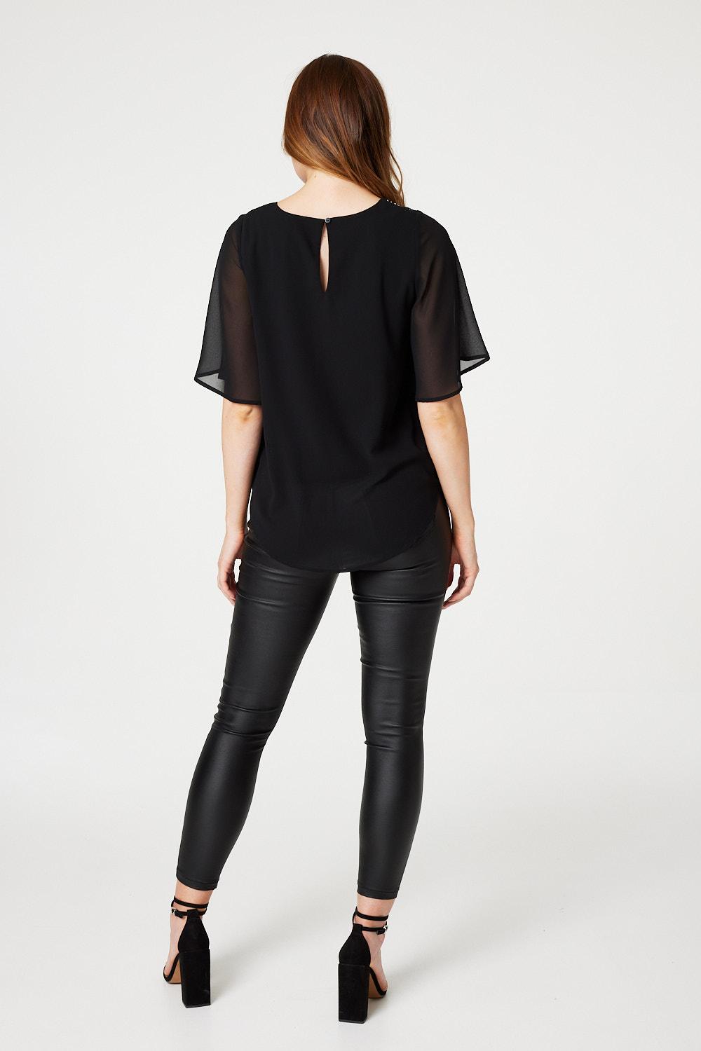 Black | Embellished Sheer Sleeve Blouse