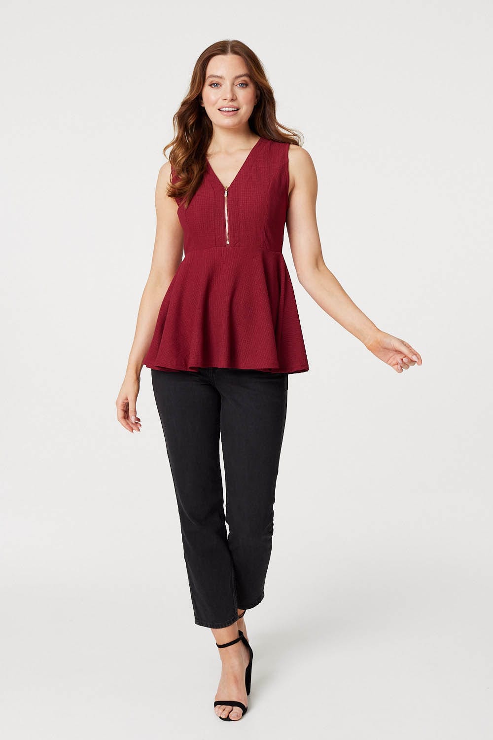 Red | Zip Detail Sleeveless Peplum Top