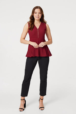 Red | Zip Detail Sleeveless Peplum Top