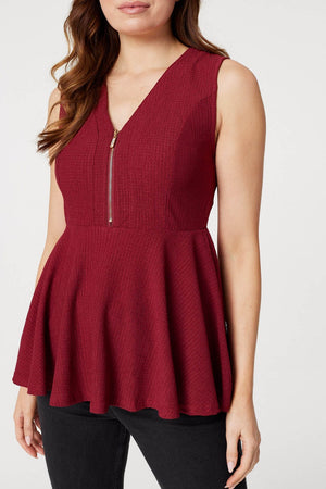 Red | Zip Detail Sleeveless Peplum Top