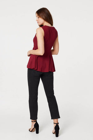 Red | Zip Detail Sleeveless Peplum Top