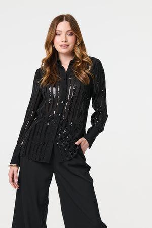 Black | Sequin Striped Sheer Long Sleeve Shirt : Model is 5'9