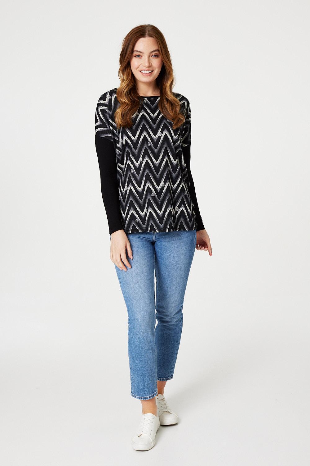 Black | Chevron Print Long Sleeve Top