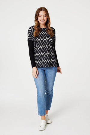 Black | Chevron Print Long Sleeve Top