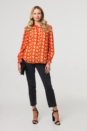 Orange | Printed Tie Neck Long Sleeve Blouse
