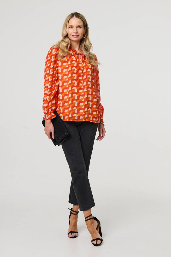 Orange | Printed Tie Neck Long Sleeve Blouse
