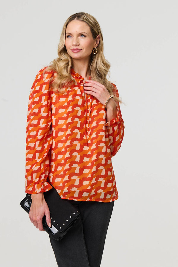 Orange | Printed Tie Neck Long Sleeve Blouse
