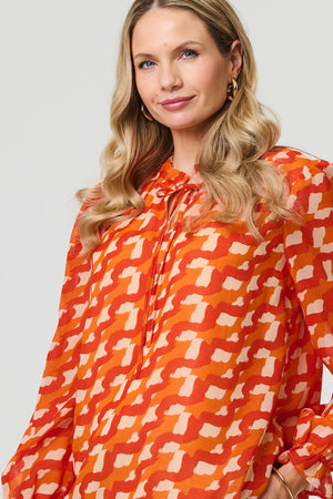Orange | Printed Tie Neck Long Sleeve Blouse
