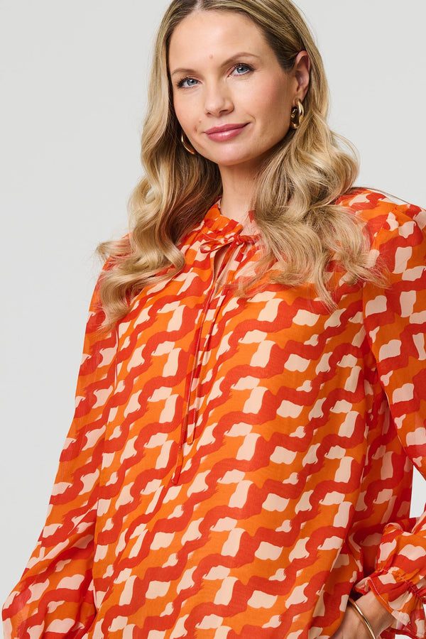 Orange | Printed Tie Neck Long Sleeve Blouse
