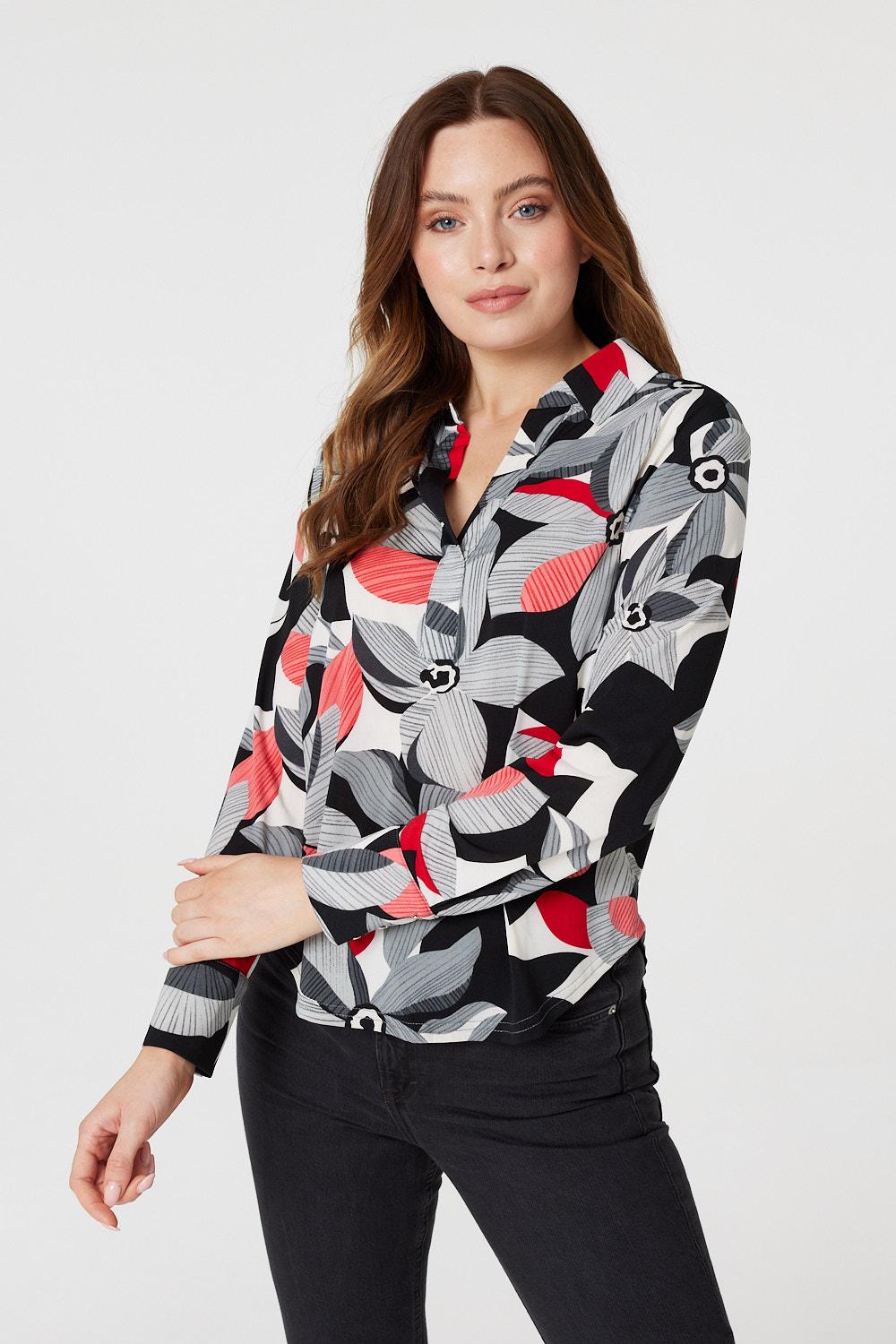 Red | Floral Long Sleeve Blouse Top