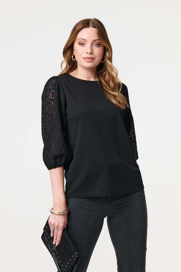 Black | Floral Lace 3/4 Puff Sleeve Blouse
