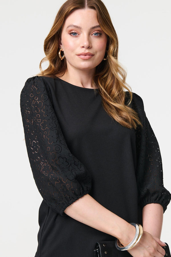 Black | Floral Lace 3/4 Puff Sleeve Blouse
