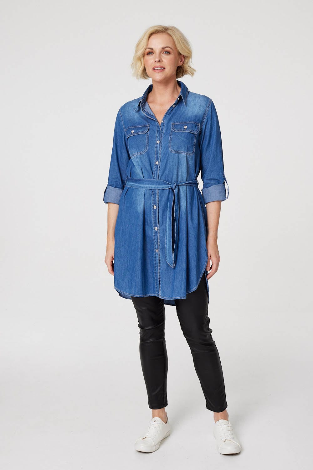 Blue | Tie Front Longline Denim Shirt