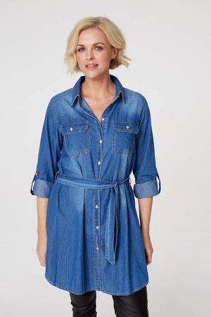 Blue | Tie Front Longline Denim Shirt
