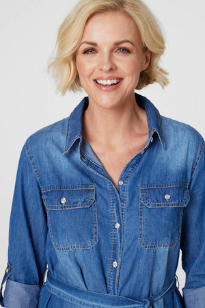 Blue | Tie Front Longline Denim Shirt