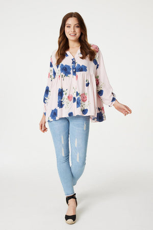 Pink | Floral Button Front Smock Blouse