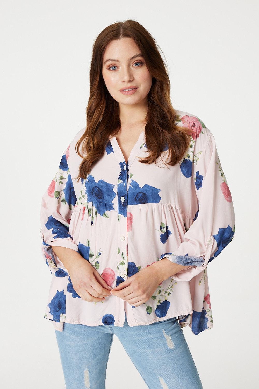 Pink | Floral Button Front Smock Blouse
