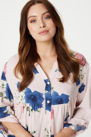 Pink | Floral Button Front Smock Blouse