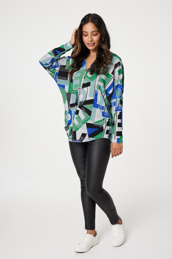 Green | Letter Print Zip Front Top