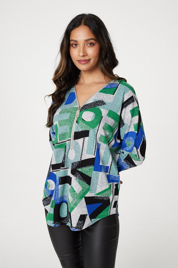 Green | Letter Print Zip Front Top