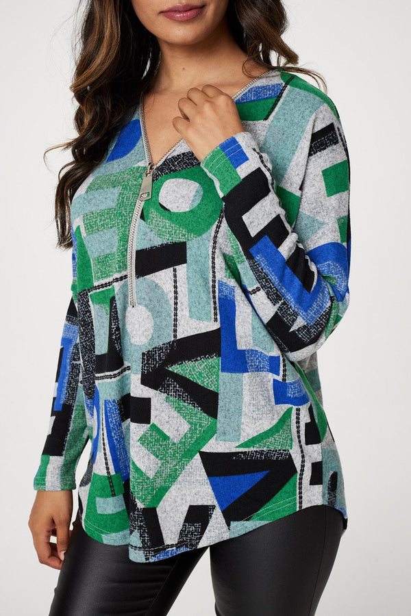 Green | Letter Print Zip Front Top