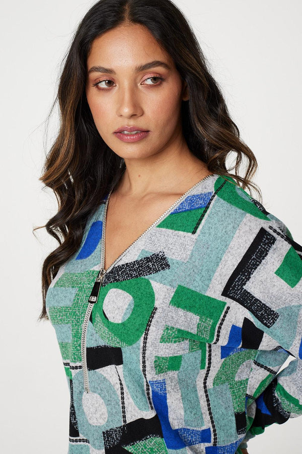 Green | Letter Print Zip Front Top