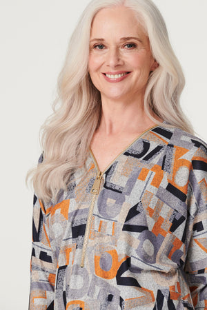 Mustard | Letter Print Zip Front Top