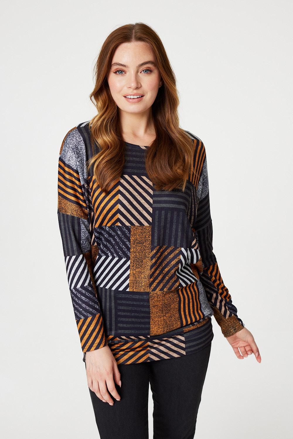 Brown | Patchwork Print Relaxed Fit Top