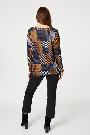 Brown | Patchwork Print Relaxed Fit Top