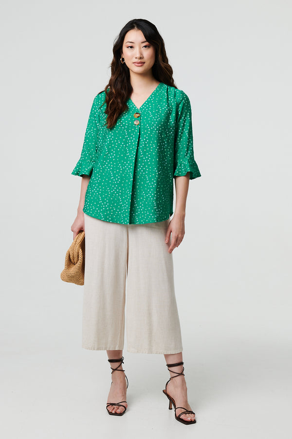 Green | Ditsy Floral 3/4 Flare Sleeve Blouse
