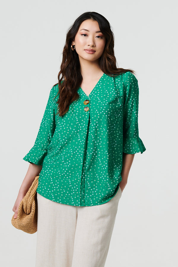 Green | Ditsy Floral 3/4 Flare Sleeve Blouse
