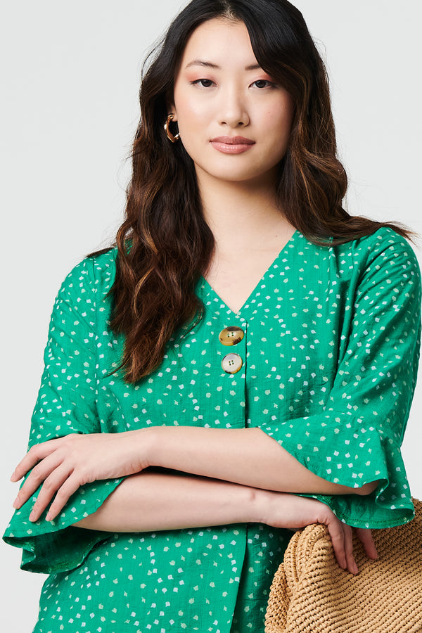 Green | Ditsy Floral 3/4 Flare Sleeve Blouse
