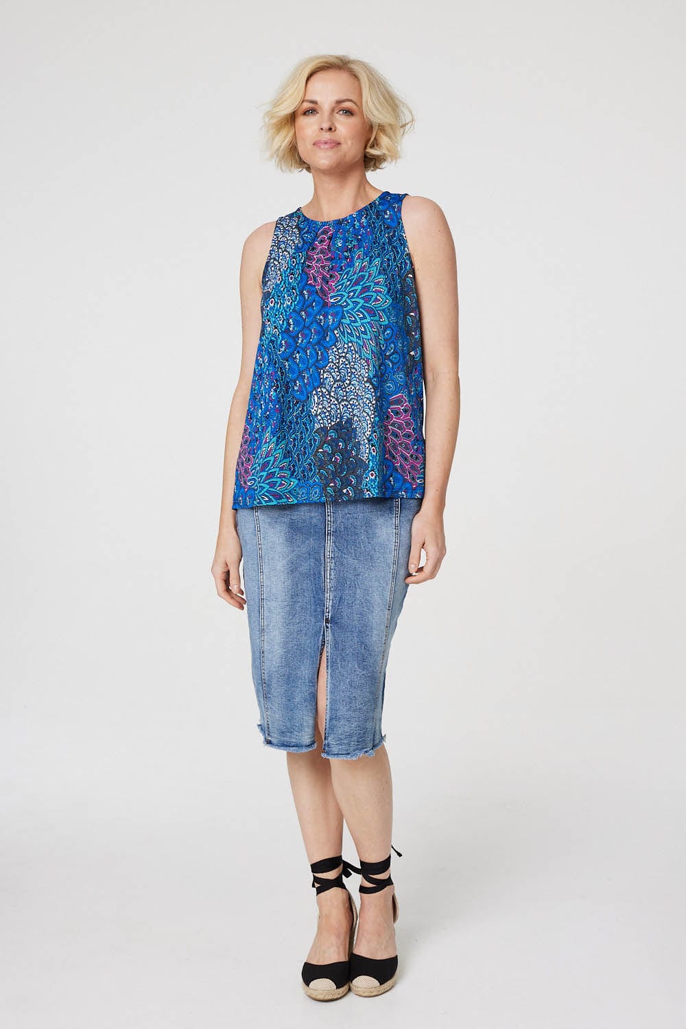 Blue | Peacock Print Jersey Vest Top