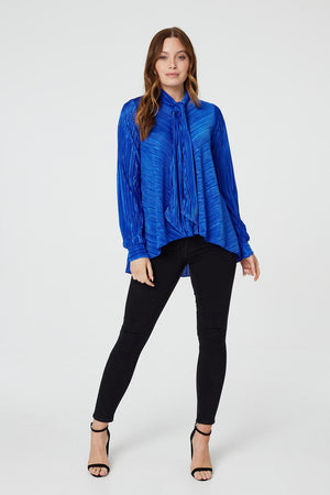 Blue | Pleated Tie Neck Relaxed Blouse