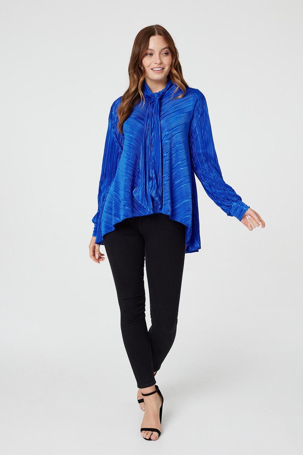 Blue | Pleated Tie Neck Relaxed Blouse