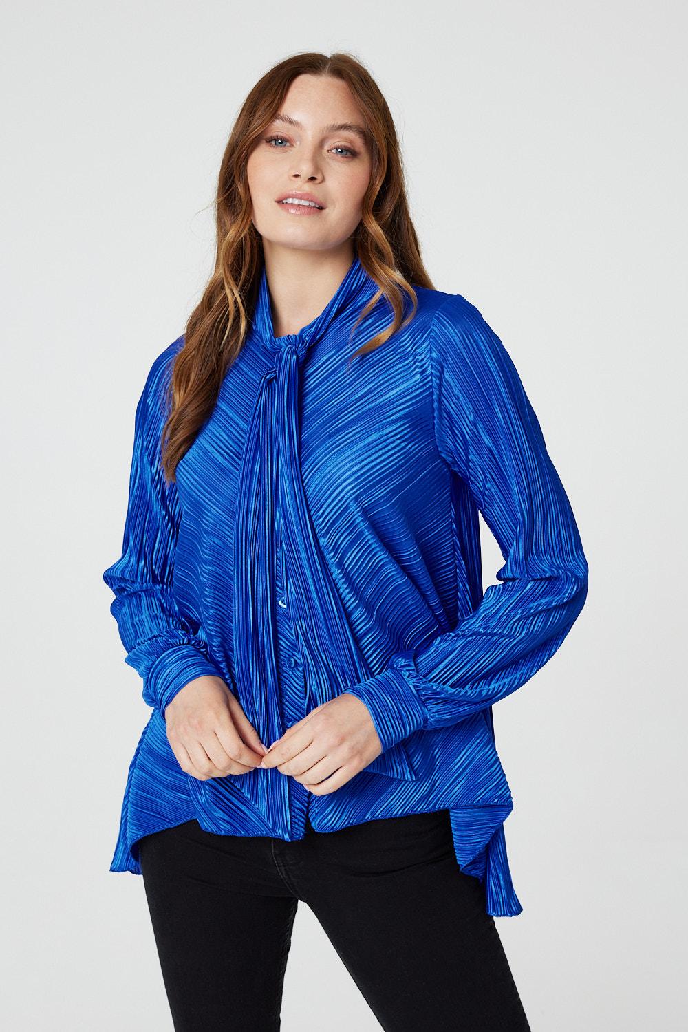 Blue | Pleated Tie Neck Relaxed Blouse