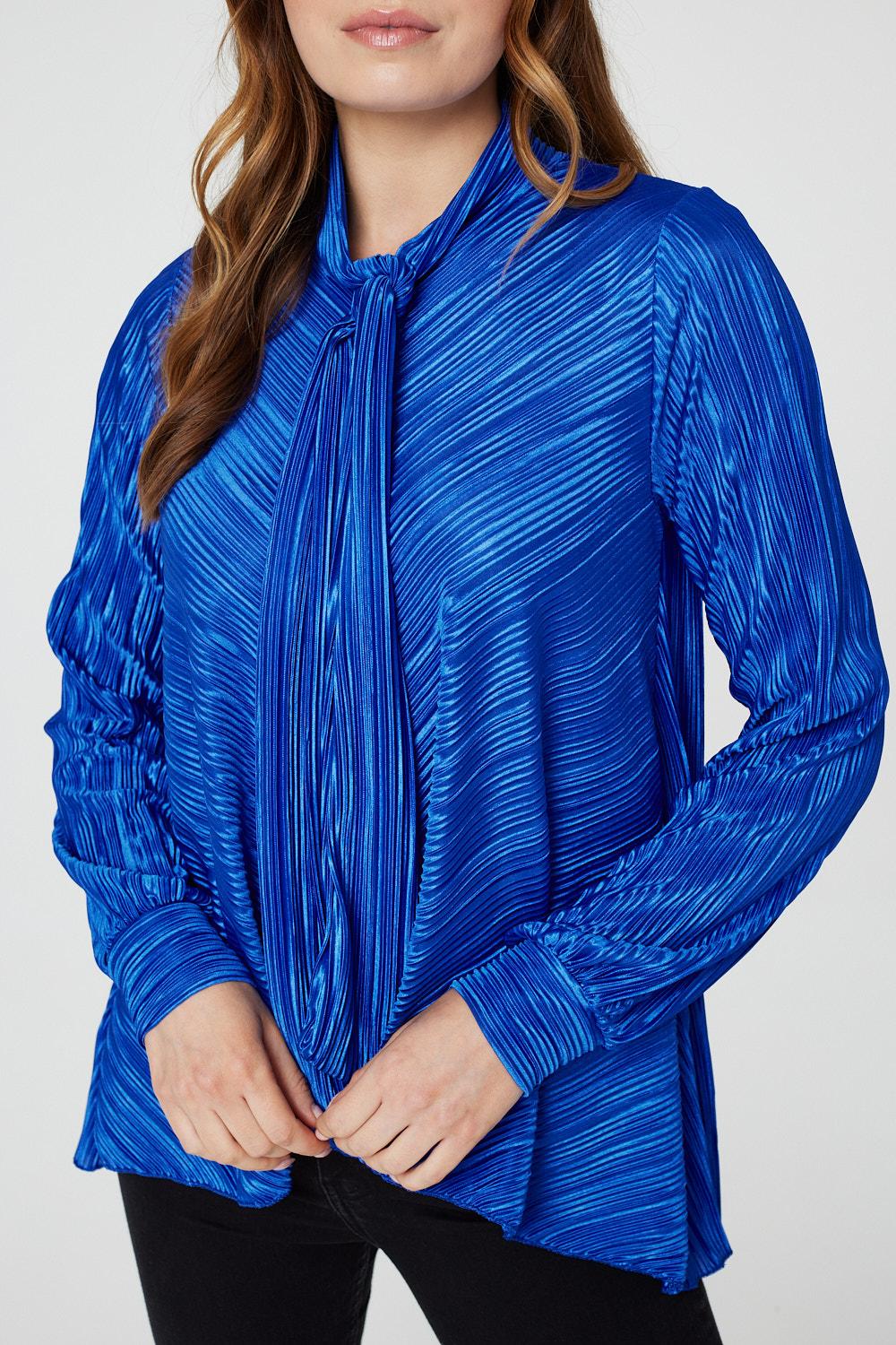 Blue | Pleated Tie Neck Relaxed Blouse
